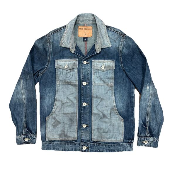 True Religion Denim Jacket Men's Small Blue Factory Distressed Two Tone - Picture 1 of 9